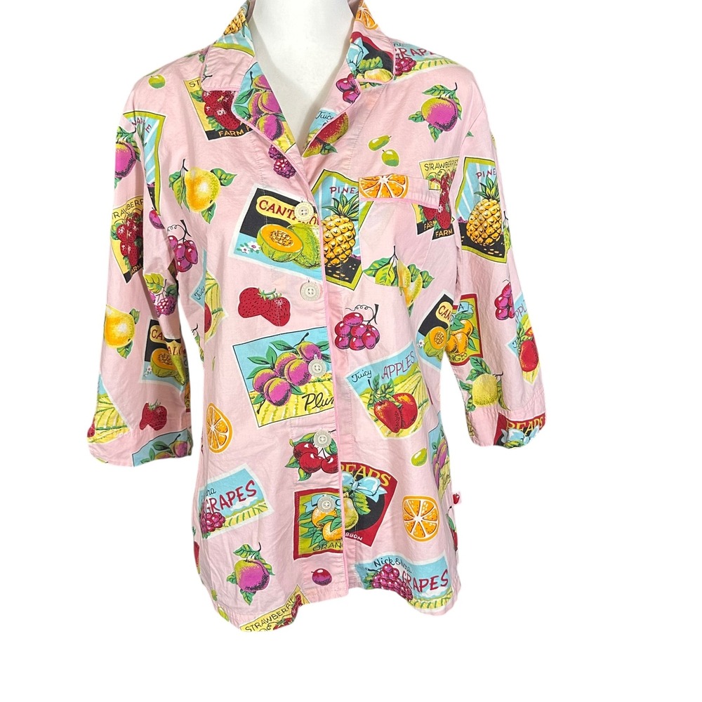 Nick & Nora Pajama Top Womens Medium Pink Fruit Crate Stand Print Cotton